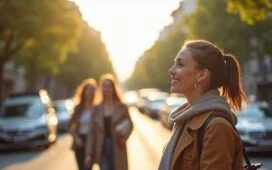 Ein sonnendurchfluteter, urbaner Straßenabschnitt mit klar erkennbaren Fahrzeugen und einer modernen KI-Kamera auf elegantem Mast, umgeben von freundlichen Passantinnen, die entspannt und aufmerksam wirken – eine stimmungsvolle Momentaufnahme, die Technik und ethisches Bewusstsein in lebendiger Alltagsrealität verbindet.