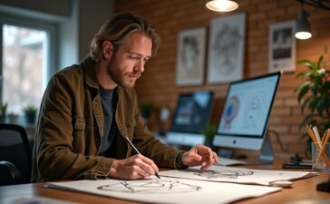 Ein strahlendes, natürlich beleuchtetes Porträt von Swen Vincke in einem modernen, warmen Kreativstudio, umgeben von Skizzen und digitalen Geräten, das konzentrierte menschliche Kreativität und ethische Verantwortung im Zeitalter der KI visuell eindrucksvoll einfängt.