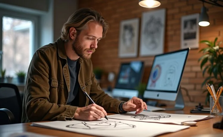 Ein strahlendes, natürlich beleuchtetes Porträt von Swen Vincke in einem modernen, warmen Kreativstudio, umgeben von Skizzen und digitalen Geräten, das konzentrierte menschliche Kreativität und ethische Verantwortung im Zeitalter der KI visuell eindrucksvoll einfängt.