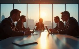 Ein hell erleuchteter, moderner Konferenzraum mit gut gelaunten europäischen Entscheidungsträgern, die bei natürlichem Tageslicht um einen Tisch diskutieren, umgeben von subtilen digitalen Elementen wie Laptops und Netzwerkgeräten – ein harmonisches Bild des Dialogs und der gemeinsamen Suche nach sicherer digitaler Zukunft.