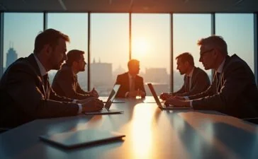 Ein hell erleuchteter, moderner Konferenzraum mit gut gelaunten europäischen Entscheidungsträgern, die bei natürlichem Tageslicht um einen Tisch diskutieren, umgeben von subtilen digitalen Elementen wie Laptops und Netzwerkgeräten – ein harmonisches Bild des Dialogs und der gemeinsamen Suche nach sicherer digitaler Zukunft.