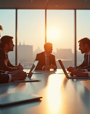 Ein hell erleuchteter, moderner Konferenzraum mit gut gelaunten europäischen Entscheidungsträgern, die bei natürlichem Tageslicht um einen Tisch diskutieren, umgeben von subtilen digitalen Elementen wie Laptops und Netzwerkgeräten – ein harmonisches Bild des Dialogs und der gemeinsamen Suche nach sicherer digitaler Zukunft.