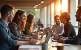 Ein hell erleuchteter, moderner Arbeitsplatz mit glücklichen Fachleuten europäischer Herkunft, die gemeinsam an innovativen IT-Lösungen arbeiten, umgeben von natürlichem Tageslicht und warmen Holztönen, die ein Gefühl von Zuversicht, Zusammenarbeit und digitaler Zukunft in Europa vermitteln.