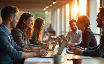 Ein hell erleuchteter, moderner Arbeitsplatz mit glücklichen Fachleuten europäischer Herkunft, die gemeinsam an innovativen IT-Lösungen arbeiten, umgeben von natürlichem Tageslicht und warmen Holztönen, die ein Gefühl von Zuversicht, Zusammenarbeit und digitaler Zukunft in Europa vermitteln.