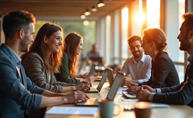 Ein hell erleuchteter, moderner Arbeitsplatz mit glücklichen Fachleuten europäischer Herkunft, die gemeinsam an innovativen IT-Lösungen arbeiten, umgeben von natürlichem Tageslicht und warmen Holztönen, die ein Gefühl von Zuversicht, Zusammenarbeit und digitaler Zukunft in Europa vermitteln.