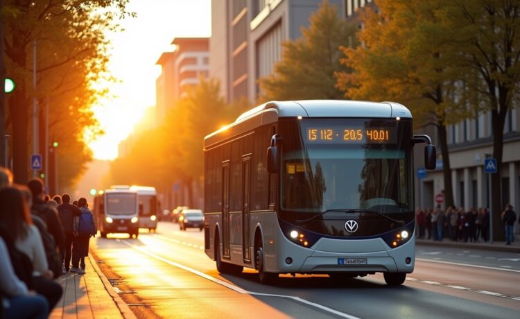 In einem sonnendurchfluteten Hamburger Straßenzug fährt ein moderner autonomer Shuttlebus ruhig und sicher vorbei, während neugierige Passanten entspannt beobachten und Hausfassaden im warmen Licht der Spätnachmittagssonne erstrahlen – Symbol für Fortschritt und Zusammenarbeit in Europas Weg zur autonomen Mobilität.