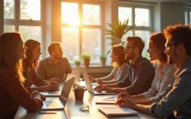 Ein lebhaftes, natürlich belichtetes Foto zeigt ein dynamisches, interdisziplinäres Webentwicklungsteam in einem hellen, modernen Büro, das konzentriert und motiviert an flexiblen Softwarearchitekturmodellen arbeitet, während warme Sonnenstrahlen durch große Fenster fallen und eine freundliche, kollaborative Atmosphäre voller Innovation und Vertrauen schaffen.