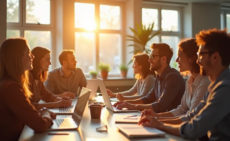 Ein lebhaftes, natürlich belichtetes Foto zeigt ein dynamisches, interdisziplinäres Webentwicklungsteam in einem hellen, modernen Büro, das konzentriert und motiviert an flexiblen Softwarearchitekturmodellen arbeitet, während warme Sonnenstrahlen durch große Fenster fallen und eine freundliche, kollaborative Atmosphäre voller Innovation und Vertrauen schaffen.