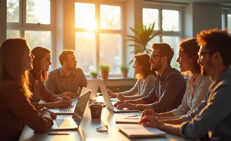 Ein lebhaftes, natürlich belichtetes Foto zeigt ein dynamisches, interdisziplinäres Webentwicklungsteam in einem hellen, modernen Büro, das konzentriert und motiviert an flexiblen Softwarearchitekturmodellen arbeitet, während warme Sonnenstrahlen durch große Fenster fallen und eine freundliche, kollaborative Atmosphäre voller Innovation und Vertrauen schaffen.