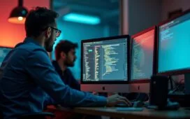 Eine moderne, helle Büroumgebung mit fokussierten Ermittlern vor mehreren Bildschirmen, die im warmen Tageslicht intensiv digitale Spuren und Netzwerke analysieren – ein kraftvolles Sinnbild für den internationalen Kampf gegen Cyberkriminalität.