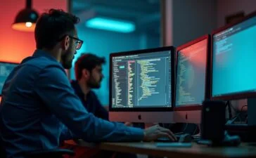 Eine moderne, helle Büroumgebung mit fokussierten Ermittlern vor mehreren Bildschirmen, die im warmen Tageslicht intensiv digitale Spuren und Netzwerke analysieren – ein kraftvolles Sinnbild für den internationalen Kampf gegen Cyberkriminalität.