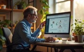 Ein lichtdurchflutetes, warmes Büro-Setting mit einem fokussierten Webdesigner mittleren Alters, der vor einem modernen Bildschirm mit klar strukturierten Wireframes und Farbschemata sitzt, umgeben von Pflanzen und dezentem Retro-Dekor, vermittelt engagierte Kreativität und die harmonische Verbindung von klassischem Stil und zeitgemäßem UX-Design.