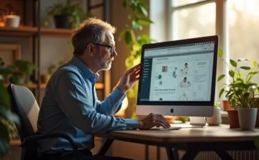 Ein lichtdurchflutetes, warmes Büro-Setting mit einem fokussierten Webdesigner mittleren Alters, der vor einem modernen Bildschirm mit klar strukturierten Wireframes und Farbschemata sitzt, umgeben von Pflanzen und dezentem Retro-Dekor, vermittelt engagierte Kreativität und die harmonische Verbindung von klassischem Stil und zeitgemäßem UX-Design.
