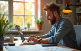 Ein hell erleuchtetes, freundliches Büro mit einem konzentrierten Webdesigner, der an einem modernen Laptop arbeitet, umgeben von Skizzen, Notizen und einem Tablet, wobei warmes Tageslicht durch das Fenster fällt und eine Atmosphäre kreativer Achtsamkeit und lösungsorientierter Zusammenarbeit schafft.