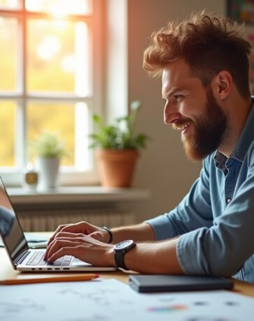 Ein hell erleuchtetes, freundliches Büro mit einem konzentrierten Webdesigner, der an einem modernen Laptop arbeitet, umgeben von Skizzen, Notizen und einem Tablet, wobei warmes Tageslicht durch das Fenster fällt und eine Atmosphäre kreativer Achtsamkeit und lösungsorientierter Zusammenarbeit schafft.