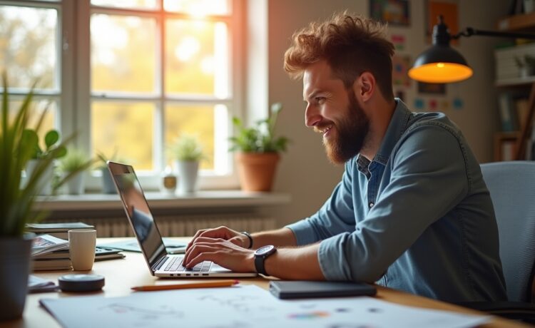 Ein hell erleuchtetes, freundliches Büro mit einem konzentrierten Webdesigner, der an einem modernen Laptop arbeitet, umgeben von Skizzen, Notizen und einem Tablet, wobei warmes Tageslicht durch das Fenster fällt und eine Atmosphäre kreativer Achtsamkeit und lösungsorientierter Zusammenarbeit schafft.