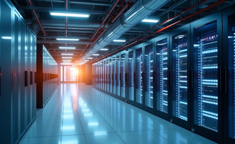 Ein modernes Rechenzentrum in hellem Tageslicht, das mit klar sichtbaren, glänzenden Flüssigkeitskühlleitungen und hochentwickelten Serverracks eine zukunftsorientierte Technologie-Atmosphäre ausstrahlt, umgeben von warmem, einladendem Licht und einem Gefühl von Innovation und nachhaltiger Effizienz.