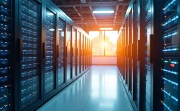 Ein hell erleuchteter, moderner Serverraum mit glänzenden Flüssigkühlleitungen, die sich wie transparente Adern durch die Racks ziehen, während warmes Sonnenlicht sanft durch große Fenster fällt und eine Atmosphäre von technischer Innovation und nachhaltiger Zukunftsgestaltung schafft.