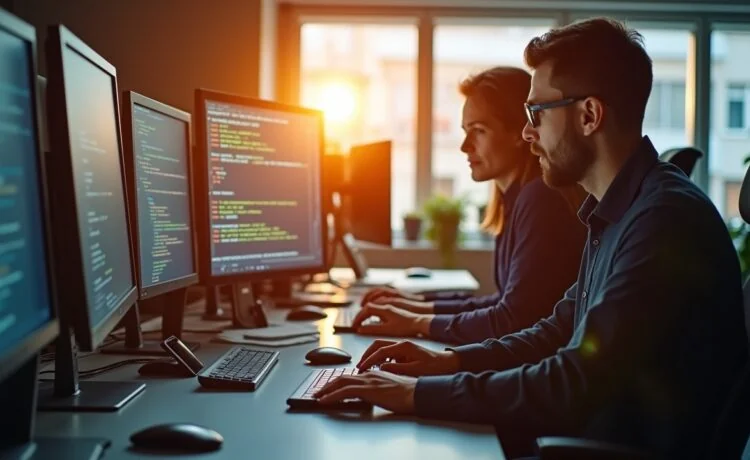 Ein hell erleuchtetes, modernes Großraumbüro mit konzentriert arbeitenden IT-Profis, die an mehreren Bildschirmen komplexe Sicherheitsdaten prüfen – die warme Nachmittagssonne fällt durch große Fenster und schafft eine freundliche, einladende Atmosphäre voller Engagement und technischer Präzision.