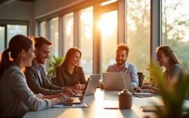 Ein strahlendes Büro mit sonnendurchfluteten Fenstern, in dem ein lächelndes, diverses Team von Recruitern und Bewerbern entspannt an modernen Laptops und Tablets arbeitet, während warmes Tageslicht die fokussierte, zukunftsorientierte Atmosphäre des KI-gestützten Recruitingprozesses lebendig und einladend einfängt.