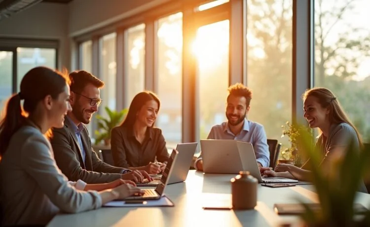 Ein strahlendes Büro mit sonnendurchfluteten Fenstern, in dem ein lächelndes, diverses Team von Recruitern und Bewerbern entspannt an modernen Laptops und Tablets arbeitet, während warmes Tageslicht die fokussierte, zukunftsorientierte Atmosphäre des KI-gestützten Recruitingprozesses lebendig und einladend einfängt.