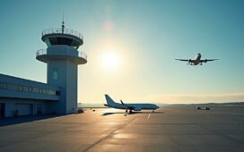 Ein strahlend heller, sonnendurchfluteter Kontrollturm eines europäischen Flughafens mit modernen Flugzeugen im Start- und Landeanflug, wo Piloten konzentriert am Cockpit sitzen und das weite, klare Himmelsblau eine ruhige, hoffnungsvolle Atmosphäre der Sicherheit und technologischen Herausforderung schafft.