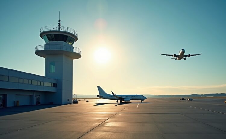 Ein strahlend heller, sonnendurchfluteter Kontrollturm eines europäischen Flughafens mit modernen Flugzeugen im Start- und Landeanflug, wo Piloten konzentriert am Cockpit sitzen und das weite, klare Himmelsblau eine ruhige, hoffnungsvolle Atmosphäre der Sicherheit und technologischen Herausforderung schafft.