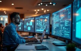 Ein heller, warm ausgeleuchteter Arbeitsplatz mit konzentrierten Sicherheitsexperten in moderner Büroumgebung, die vor großen Bildschirmen mit komplexen KI-Datenmodellen diskutieren und so die Balance zwischen innovativem Fortschritt und verantwortungsvoller Technikgestaltung sinnlich greifbar machen.