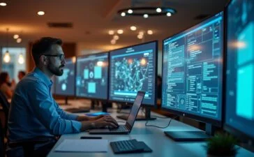 Ein heller, warm ausgeleuchteter Arbeitsplatz mit konzentrierten Sicherheitsexperten in moderner Büroumgebung, die vor großen Bildschirmen mit komplexen KI-Datenmodellen diskutieren und so die Balance zwischen innovativem Fortschritt und verantwortungsvoller Technikgestaltung sinnlich greifbar machen.