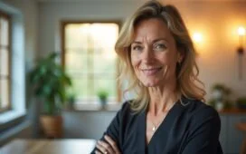 Ein warm beleuchtetes, realistisch inszeniertes Porträt einer nachdenklichen Frau mittleren Alters vor einem modernen, hellem Arbeitszimmer mit natürlichem Tageslicht, das subtil die Balance zwischen Vertrauen und Zweifel in der digitalen Gesundheitswelt widerspiegelt.