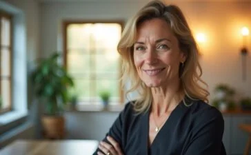 Ein warm beleuchtetes, realistisch inszeniertes Porträt einer nachdenklichen Frau mittleren Alters vor einem modernen, hellem Arbeitszimmer mit natürlichem Tageslicht, das subtil die Balance zwischen Vertrauen und Zweifel in der digitalen Gesundheitswelt widerspiegelt.