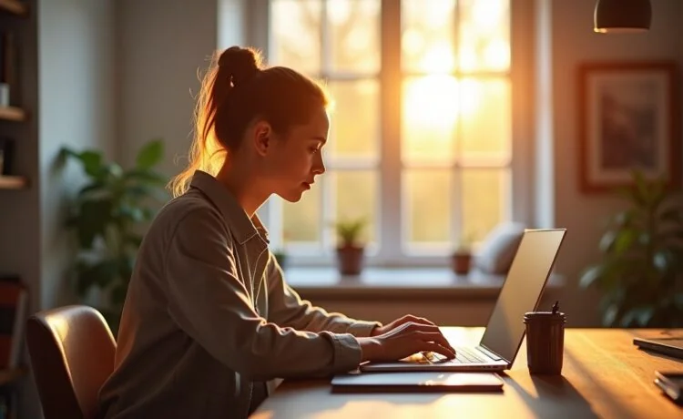 Ein modernes Home-Office mit warmem Tageslicht, in dem eine Person konzentriert vor einem eleganten Laptop sitzt, umgeben von dezent technischer Ausstattung und einem freundlichen, aufgeräumten Umfeld, das die Wichtigkeit von IT-Sicherheit und digitaler Vorsorge subtil vermittelt.