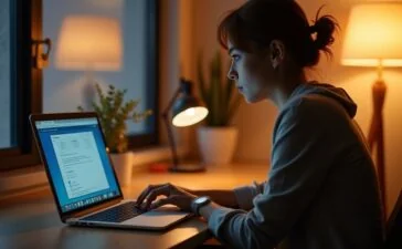 Ein hell erleuchteter Arbeitsplatz mit einem modernen Laptop, auf dessen Bildschirm eine geöffnetes Dateifenster sichtbar ist, umgeben von warmem Tageslicht, das eine konzentrierte Person in legerer Kleidung zeigt, die aufmerksam und sicherheitsbewusst digitale Dateien prüft – eine einladende Szene, die das Thema Cybersicherheit und den Schutz vor modernen WinRAR-Angriffen subtil und menschlich vermittelt.