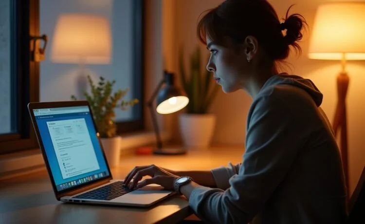 Ein hell erleuchteter Arbeitsplatz mit einem modernen Laptop, auf dessen Bildschirm eine geöffnetes Dateifenster sichtbar ist, umgeben von warmem Tageslicht, das eine konzentrierte Person in legerer Kleidung zeigt, die aufmerksam und sicherheitsbewusst digitale Dateien prüft – eine einladende Szene, die das Thema Cybersicherheit und den Schutz vor modernen WinRAR-Angriffen subtil und menschlich vermittelt.