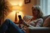 In einem hell erleuchteten Wohnzimmer sitzt eine nachdenkliche Frau mittleren Alters entspannt auf dem Sofa, ihr Smartphone in der Hand, während sanftes Tageslicht durch das Fenster fällt und eine warme, einladende Atmosphäre schafft, die sowohl Vertrautheit als auch Achtsamkeit im Umgang mit digitalen Nachrichten vermittelt.