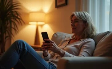 In einem hell erleuchteten Wohnzimmer sitzt eine nachdenkliche Frau mittleren Alters entspannt auf dem Sofa, ihr Smartphone in der Hand, während sanftes Tageslicht durch das Fenster fällt und eine warme, einladende Atmosphäre schafft, die sowohl Vertrautheit als auch Achtsamkeit im Umgang mit digitalen Nachrichten vermittelt.