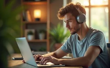 Ein heller, einladender Arbeitsplatz mit warmem Tageslicht, auf dem ein konzentrierter junger Mensch entspannt mit Kopfhörern vor einem Laptop sitzt und aufmerksam eine E-Mail prüft, umgeben von modernen Tech-Geräten und einem grünen Pflanzenakzent, der Sicherheit und Wachsamkeit symbolisiert.