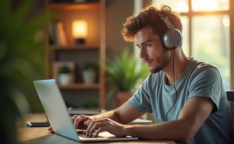 Ein heller, einladender Arbeitsplatz mit warmem Tageslicht, auf dem ein konzentrierter junger Mensch entspannt mit Kopfhörern vor einem Laptop sitzt und aufmerksam eine E-Mail prüft, umgeben von modernen Tech-Geräten und einem grünen Pflanzenakzent, der Sicherheit und Wachsamkeit symbolisiert.