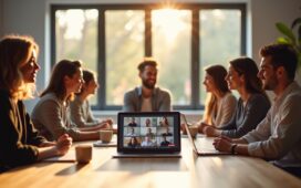 Ein modernes Büro mit einem lächelnden, fokussierten Team in heller, freundlicher Atmosphäre, das um einen großen Tisch sitzt, während auf einem Laptop im Vordergrund eine lebhafte Videokonferenz mit klar erkennbarem Google Meet-Interface läuft und helle Tageslichtstrahlen durch große Fenster für eine warme, realistische Stimmung sorgen.