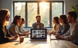 Ein modernes Büro mit einem lächelnden, fokussierten Team in heller, freundlicher Atmosphäre, das um einen großen Tisch sitzt, während auf einem Laptop im Vordergrund eine lebhafte Videokonferenz mit klar erkennbarem Google Meet-Interface läuft und helle Tageslichtstrahlen durch große Fenster für eine warme, realistische Stimmung sorgen.