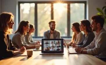 Ein modernes Büro mit einem lächelnden, fokussierten Team in heller, freundlicher Atmosphäre, das um einen großen Tisch sitzt, während auf einem Laptop im Vordergrund eine lebhafte Videokonferenz mit klar erkennbarem Google Meet-Interface läuft und helle Tageslichtstrahlen durch große Fenster für eine warme, realistische Stimmung sorgen.
