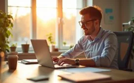 Ein strahlend helles, warm beleuchtetes Büro mit einem entspannten Profi vor einem aufgeräumten Laptop, der konzentriert und zufrieden eine E-Mail schreibt, während durch ein großes Fenster sanftes Tageslicht den Arbeitsplatz durchflutet und eine Atmosphäre von Klarheit und digitaler Leichtigkeit schafft.