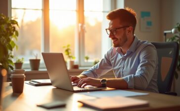 Ein strahlend helles, warm beleuchtetes Büro mit einem entspannten Profi vor einem aufgeräumten Laptop, der konzentriert und zufrieden eine E-Mail schreibt, während durch ein großes Fenster sanftes Tageslicht den Arbeitsplatz durchflutet und eine Atmosphäre von Klarheit und digitaler Leichtigkeit schafft.