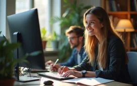 In einem hell erleuchteten Büro mit natürlichem Tageslicht blickt eine junge Entwicklerin mit einem warmen, motivierten Lächeln auf ihren Monitor, während neben ihr ein aufgeschlagenes Notizbuch und moderne technische Gadgets eine Atmosphäre von Innovation und digitaler Zusammenarbeit schaffen.
