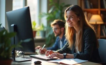 In einem hell erleuchteten Büro mit natürlichem Tageslicht blickt eine junge Entwicklerin mit einem warmen, motivierten Lächeln auf ihren Monitor, während neben ihr ein aufgeschlagenes Notizbuch und moderne technische Gadgets eine Atmosphäre von Innovation und digitaler Zusammenarbeit schaffen.