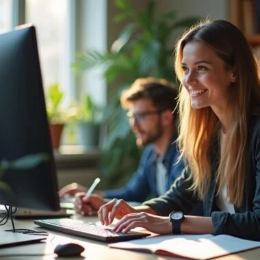 In einem hell erleuchteten Büro mit natürlichem Tageslicht blickt eine junge Entwicklerin mit einem warmen, motivierten Lächeln auf ihren Monitor, während neben ihr ein aufgeschlagenes Notizbuch und moderne technische Gadgets eine Atmosphäre von Innovation und digitaler Zusammenarbeit schaffen.