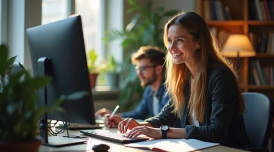 In einem hell erleuchteten Büro mit natürlichem Tageslicht blickt eine junge Entwicklerin mit einem warmen, motivierten Lächeln auf ihren Monitor, während neben ihr ein aufgeschlagenes Notizbuch und moderne technische Gadgets eine Atmosphäre von Innovation und digitaler Zusammenarbeit schaffen.