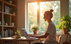 Ein hell erleuchtetes, modernes Arbeitszimmer mit warmen Holztönen, in dem eine nachdenkliche Ärztin an einem Laptop sitzt, von Tageslicht durchflutet, umgeben von Büchern und Pflanzen, die eine Atmosphäre von Zuverlässigkeit, Fürsorge und digitaler Verantwortung im Gesundheitswesen vermitteln.