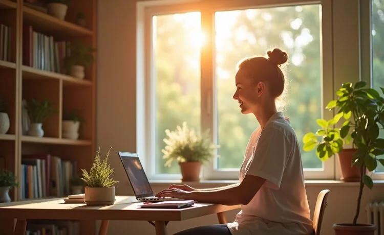 Ein hell erleuchtetes, modernes Arbeitszimmer mit warmen Holztönen, in dem eine nachdenkliche Ärztin an einem Laptop sitzt, von Tageslicht durchflutet, umgeben von Büchern und Pflanzen, die eine Atmosphäre von Zuverlässigkeit, Fürsorge und digitaler Verantwortung im Gesundheitswesen vermitteln.