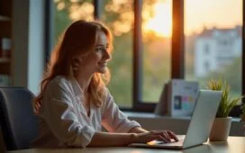 Ein hell erleuchtetes, modernes Büro mit entspannt lächelnder Frau, die nachdenklich vor einem Laptop sitzt, umgeben von warmem Tageslicht und minimalistischer Technik, das Zusammenspiel von menschlicher Neugier und komplexer KI-Entwicklung spiegelnd.